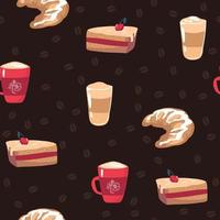 diseño de colección de vectores de patrones sin fisuras con lindos postres y tazas de café dulces dibujados a mano