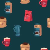 patrón de cafeteras de estilo dibujado a mano vectorial. diferentes tipos de tazas de café, ollas y cafeteras, granos de café. colorido, colores cálidos vector