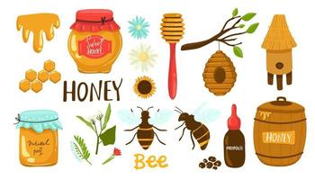 la colección de lindas abejas y miel y flores y hojas en el paquete en estilo vectorial plano. conjunto de abejas para gráficos, etc. vector