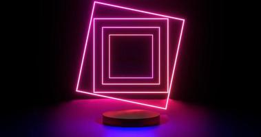 Podium with pink neon square. Futuristic showcase with platform for product displaying. Empty modern stage display with neon electric light. Geometric shapes composition. 3d animation loop 4K. photo