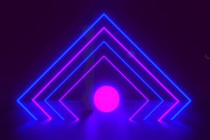 3d neon square tunnel with moon. Endless optical illusion portal. Glowing lines virtual reality corridor. Science futuristic background illustration. Abstract laser show light effect. Arch frame. photo