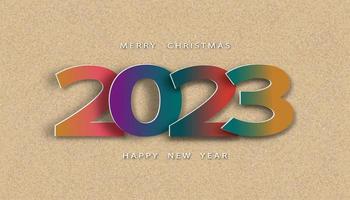 feliz año nuevo, feliz navidad 2023 texto cortado en papel sobre fondo de playa de arena marrón.vista superior vectorial número 2023 tendencia de color para tarjeta de felicitación, folleto, fondo de plantilla, banner web vector