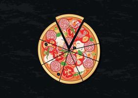 Vector illustration of sliced pizza isolated on black background