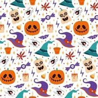 patrón de halloween de vector transparente con sombreros de bruja, calabazas y dulces aislados sobre fondo blanco. ilustración para textil, impresión, tarjeta, invitación, papel tapiz, tela