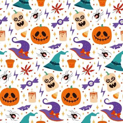Seamless vector halloween pattern with witch hats, pumpkins and sweets isolated on white background. Illustration for textile, print, card, invitation, wallpaper, fabric