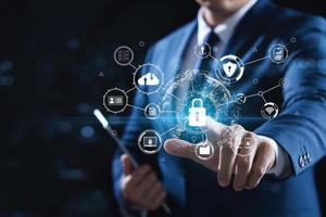 Cybersecurity and privacy concepts to protect data. Lock icon and internet network security technology. Businessmen protecting personal data on virtual interfaces. photo
