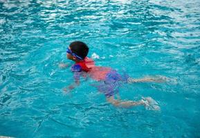 boy wearing a swimsuit and glasses swimming in the middle of the pool with a blue water background photo