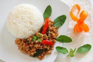 Stir-fried with minced pork and basil. photo