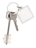 pair home keys and square keychain on ring photo