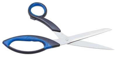 open modern sewing shears with black handles photo