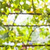 raindrops on window glass of country house photo