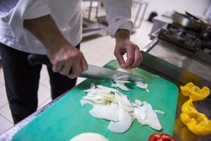 Chef hands cutting fresh and delicious vegetables photo