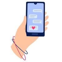 Hand Holding Phone with Chat or Massager App on Screen. Chatting with Friends and Sending New Messages vector