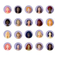 portraits of women in the form of avatars of varied nationality, skin and hair color. set vector