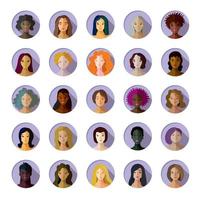 retratos de mujeres en forma de avatares de variada nacionalidad, color de piel y cabello. establecer vector