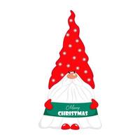 A bearded Christmas gnome with a Merry Christmas poster in his hands. Vector character in flat style. New Year's illustration