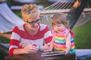 mom and her little daughter using tablet computer photo