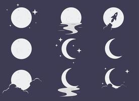 Establecer luna elegante con estrella, reflexión sobre el agua, las nubes y el icono de cohete ilustración vectorial eps10 vector