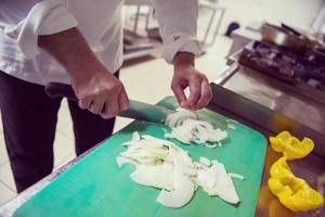 Chef hands cutting fresh and delicious vegetables photo