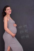 Portrait of pregnant woman in front of black chalkboard photo