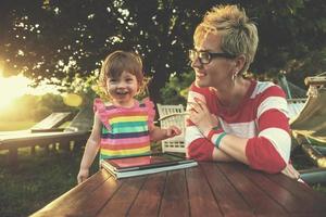 mom and her little daughter using tablet computer photo