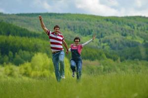 romantic young couple in love together outdoor photo