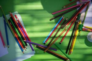 top view of pencil crayons colorful drawing set photo