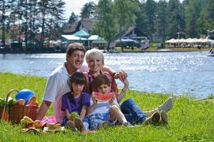 Happy family playing together in a picnic outdoors photo