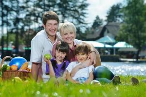 Happy family playing together in a picnic outdoors photo