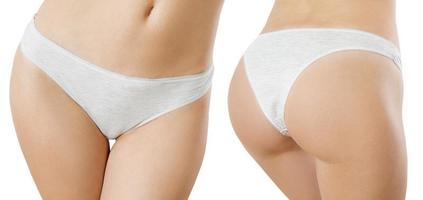 Close up of women body in white template blank panties isolated on white background. Front back view. Mock up underwear with copy space. Shave bikini line and body spa concept. Cropped image. photo