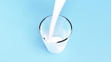 3d animation, Pour the milk or yogurt into a clear glass isolated on blue background. 3d render illustration, top view video