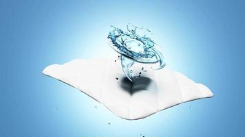 mostrare lavaggio con un' idromassaggio, vortice, acqua rotante su il tessuto fibra superficie, 3d pubblicità video pulito con lavaggio polvere, liquido detergente, isolato su blu, 3d animazione