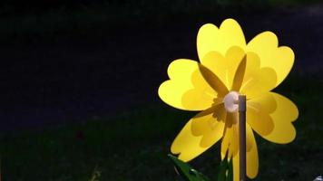 cata-vento amarelo vibrante brilhante do moinho de vento whiligig girando na brisa de verão à noite com fundo escuro iluminado pelo sol brilhando em cores intensas de amarelo e laranja como energia sustentável video