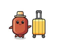sausage cartoon illustration with luggage on vacation vector
