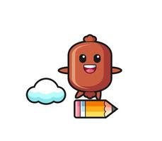 sausage mascot illustration riding on a giant pencil vector
