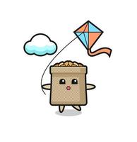 wheat sack mascot illustration is playing kite vector