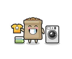 Mascot cartoon of wheat sack with washing machine vector