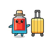 toothpaste cartoon illustration with luggage on vacation vector