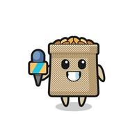 mascota del personaje del saco de trigo como reportero de noticias vector