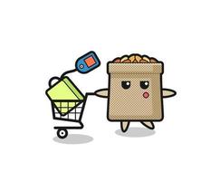 dibujos animados de ilustración de saco de trigo con un carrito de compras vector