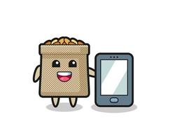 wheat sack illustration cartoon holding a smartphone vector