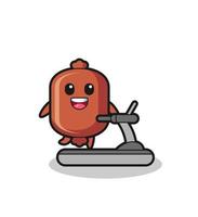sausage cartoon character walking on the treadmill vector