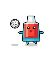 caricatura de personaje de pasta de dientes está jugando voleibol vector
