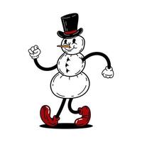 Snowman character. Retro cartoon style 30s. Vector illustration.