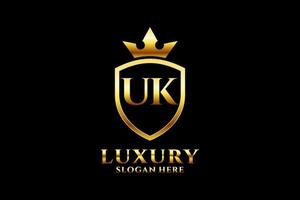 initial UK elegant luxury monogram logo or badge template with scrolls and royal crown - perfect for luxurious branding projects vector