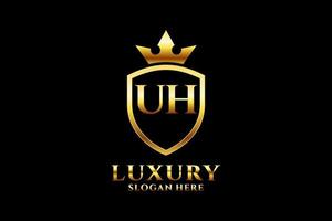 initial UH elegant luxury monogram logo or badge template with scrolls and royal crown - perfect for luxurious branding projects vector