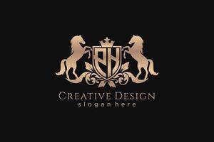 initial PK Retro golden crest with shield and two horses, badge template with scrolls and royal crown - perfect for luxurious branding projects vector