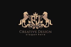 initial PJ Retro golden crest with shield and two horses, badge template with scrolls and royal crown - perfect for luxurious branding projects vector