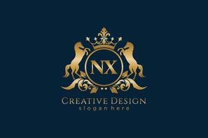 initial NX Retro golden crest with circle and two horses, badge template with scrolls and royal crown - perfect for luxurious branding projects vector