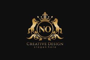 initial NO Retro golden crest with circle and two horses, badge template with scrolls and royal crown - perfect for luxurious branding projects vector